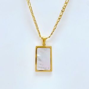 White Pearl Shell Rectangle Pendant Figaro Chain 18K Real Gold Plated Necklace